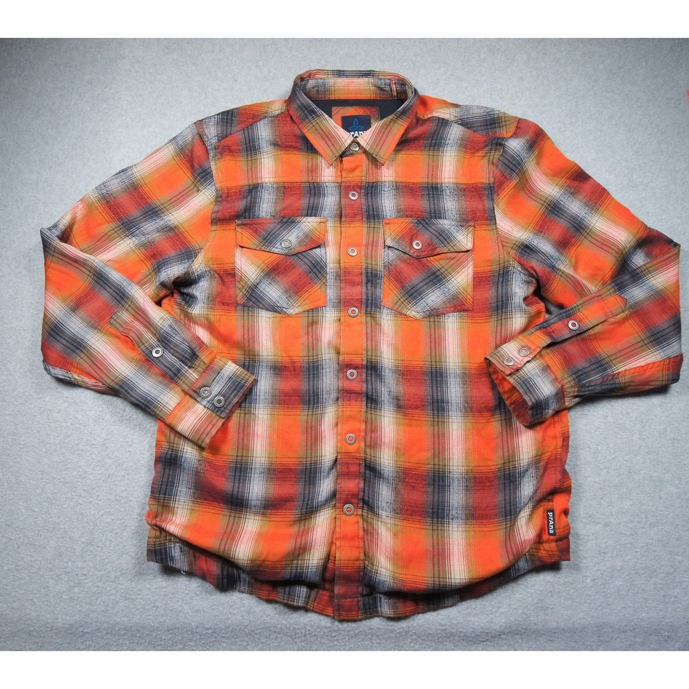 PrAna Shirt Mens Medium Orange Button Up Thermal Lined Plaid Long Sleeve Outdoor